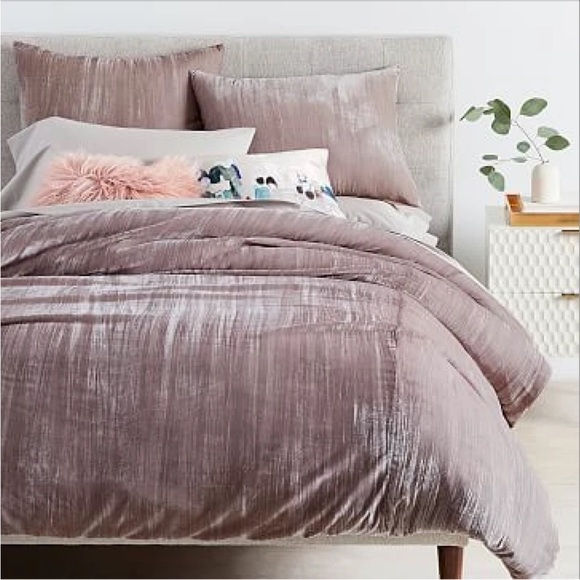 WEST ELM Velvet Crinkle QUEEN Duvet Cover Dusty Rose Blush Adobe Pink Luster - Picture 1 of 6